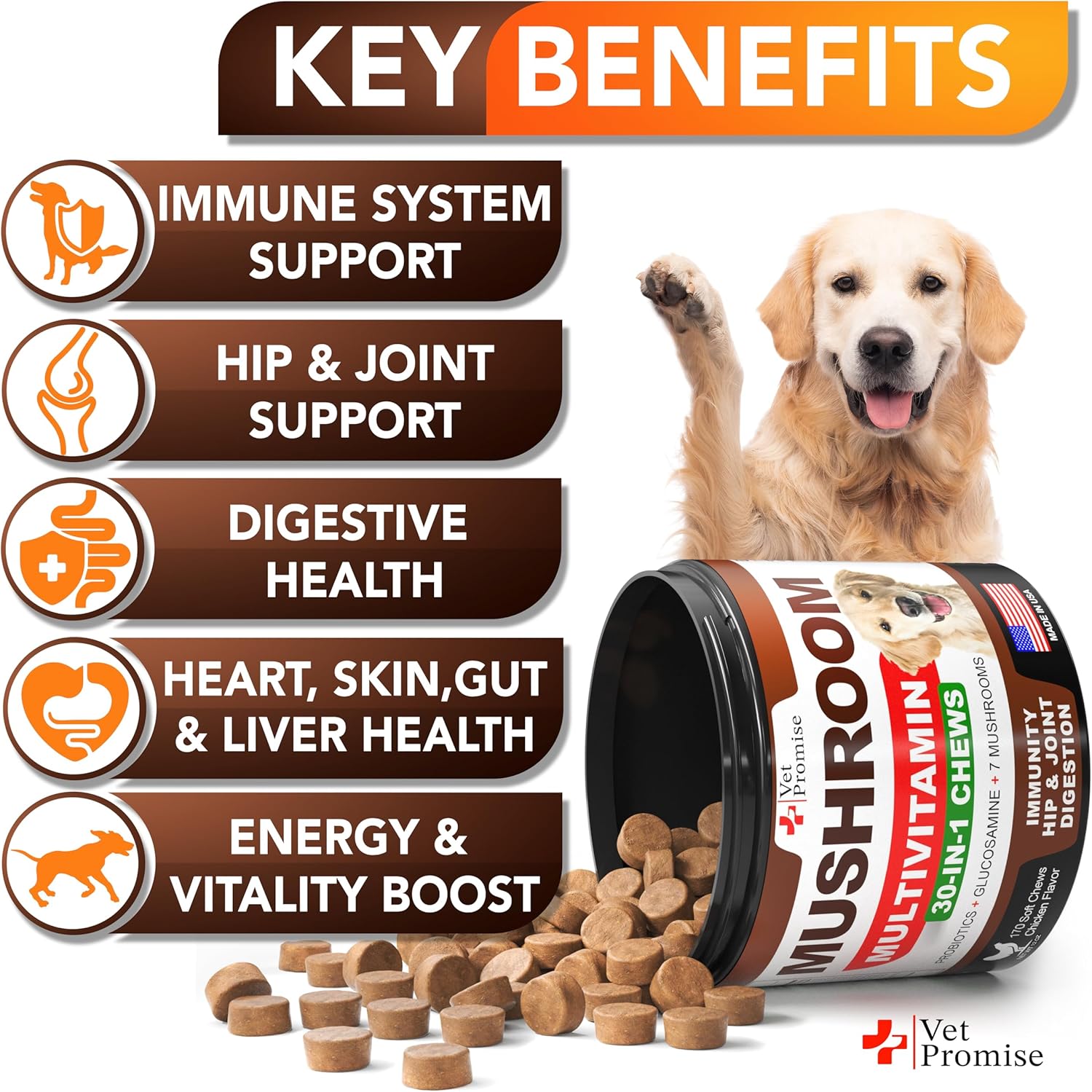 Vet Promise dog supplement tub showing mushroom and probiotic benefits