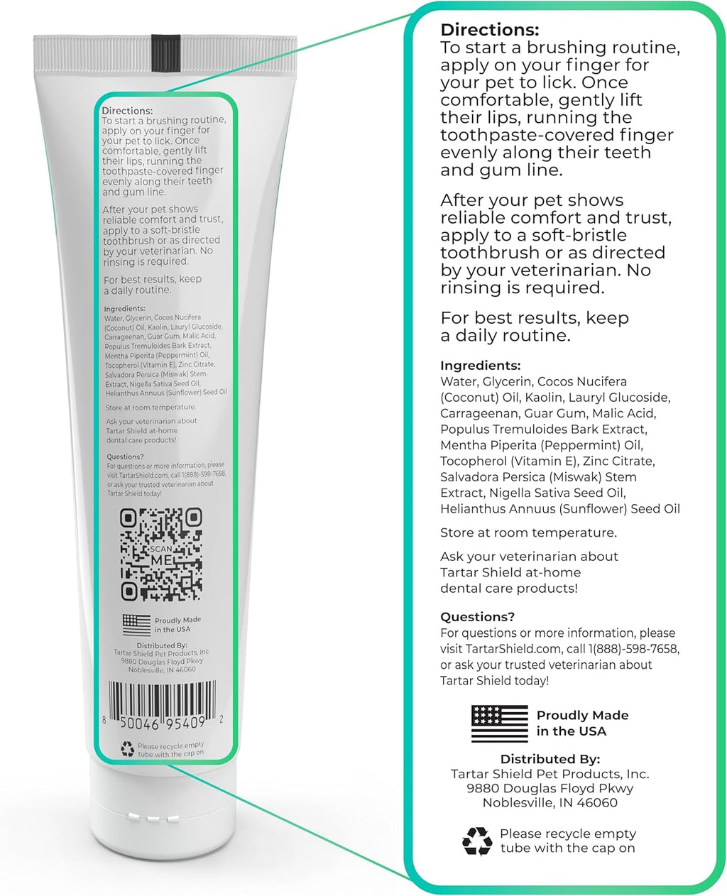Back label of Tartar Shield natural pet toothpaste detailing human grade ingredients and usage directions