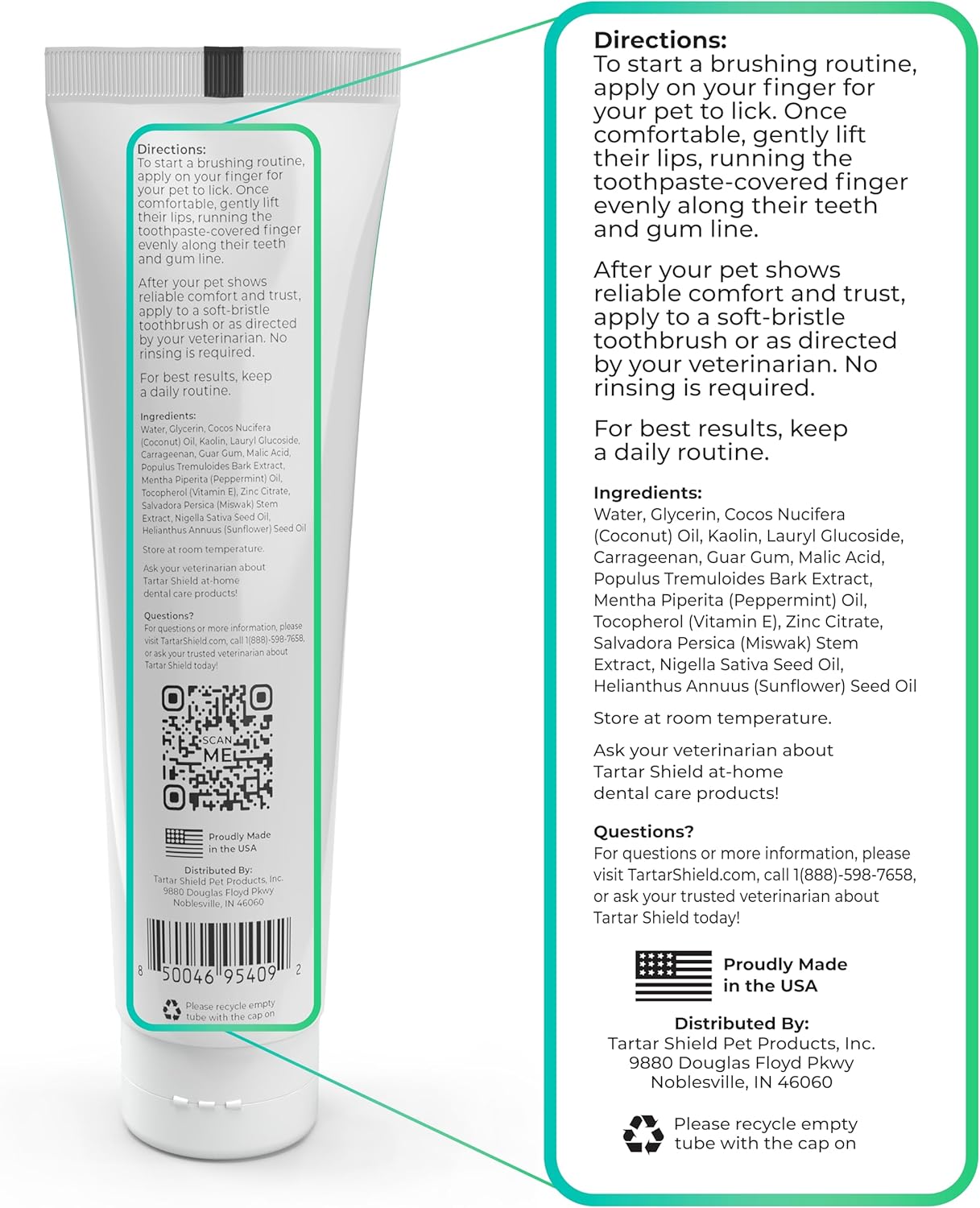 Back label of Tartar Shield natural pet toothpaste detailing human grade ingredients and usage directions