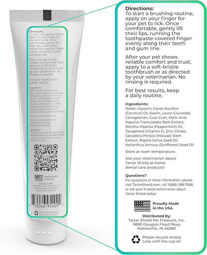 Back label of Tartar Shield natural pet toothpaste detailing human grade ingredients and usage directions