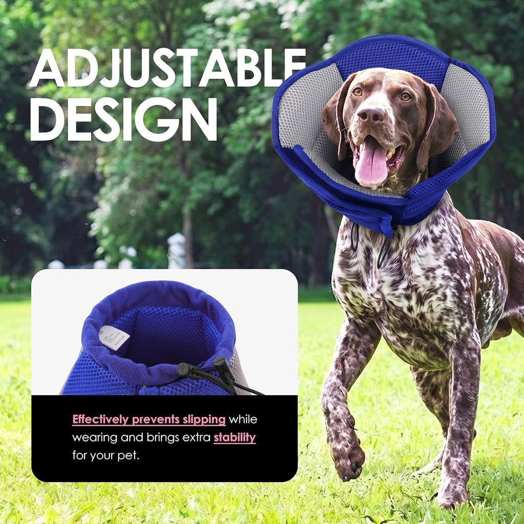 Soft Elizabethan dog collar folded back for comfortable eating and drinking.