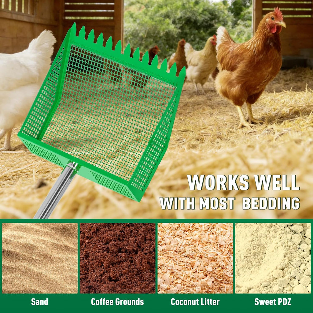 Ergonomic 65 inch long handle chicken coop cleaning tool assembly