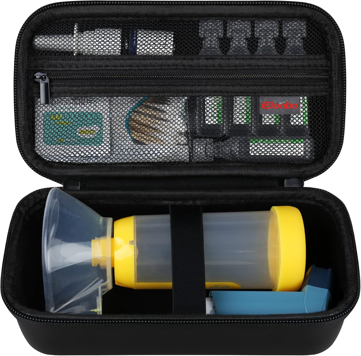 Elonbo asthma inhaler carrying case front view in black premium finish