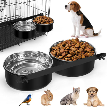 Two pack of DricRoda forty ounce stainless steel crate bowls unboxed with all included mounting hardware.