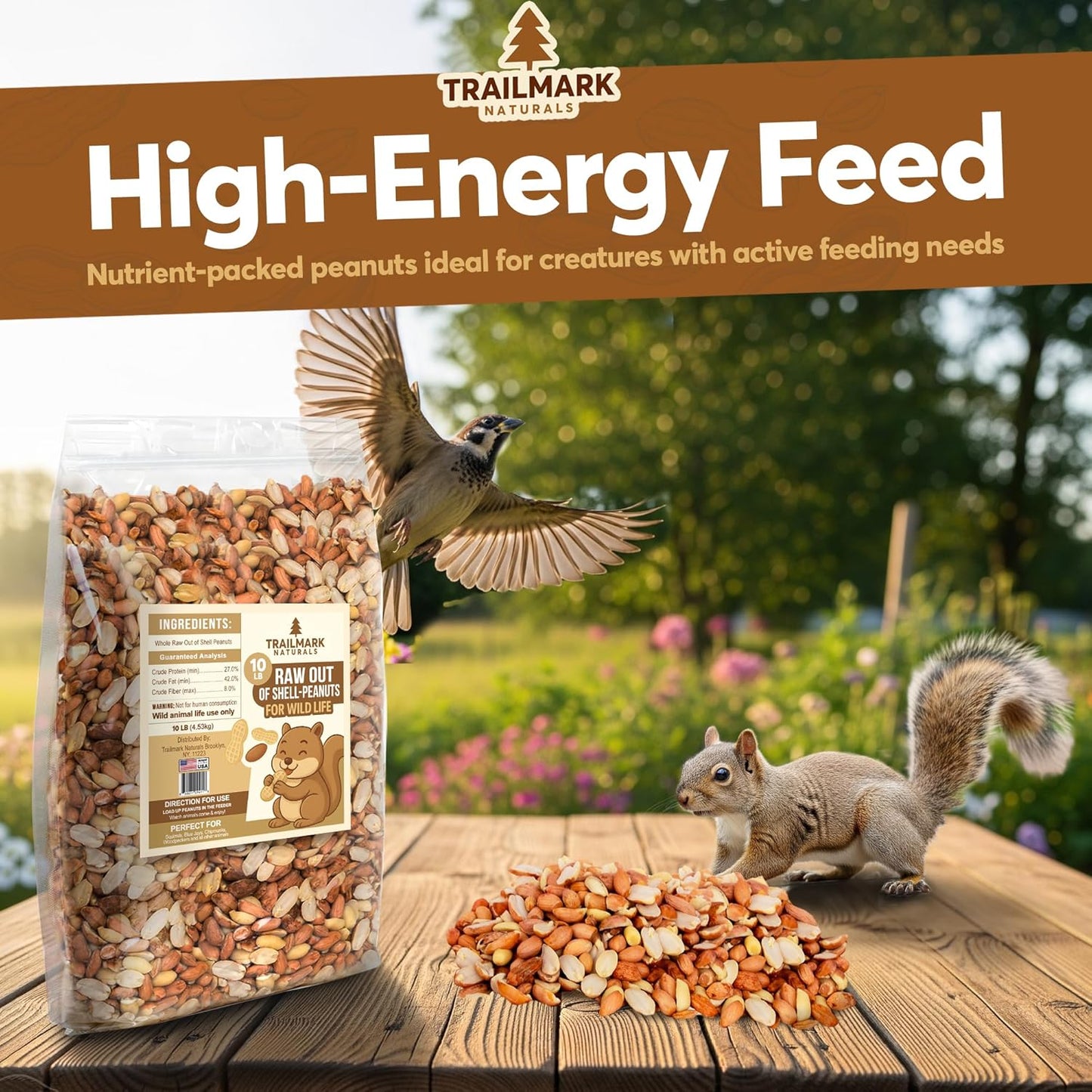 Backyard bird and squirrel feeding station with peanuts