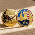 Meglort USA 250th Anniversary Challenge Coin front view showing gold-plated American Eagle design.