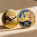 Meglort USA 250th Anniversary Challenge Coin front view showing gold-plated American Eagle design.