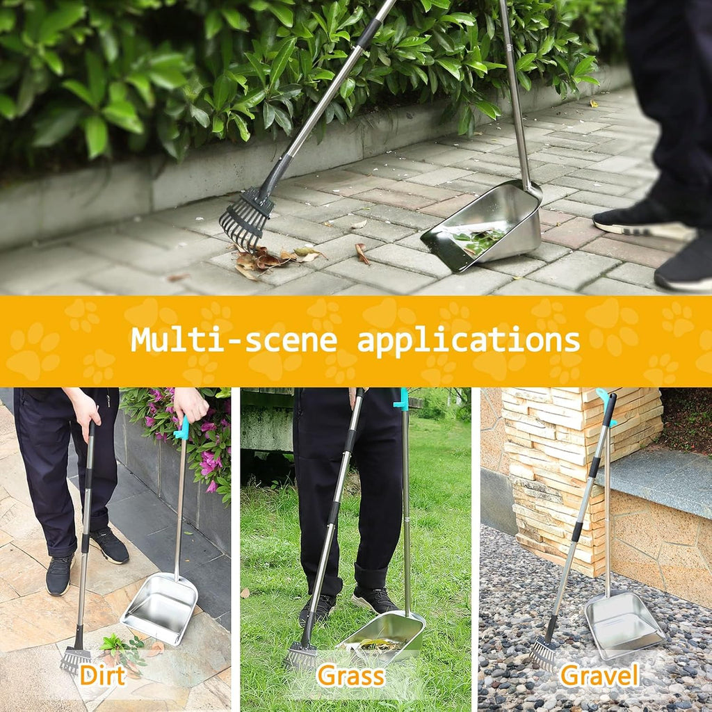 Ergonomic yard cleanup kit setup showcasing the premium weather resistant finish on the tray and rake.