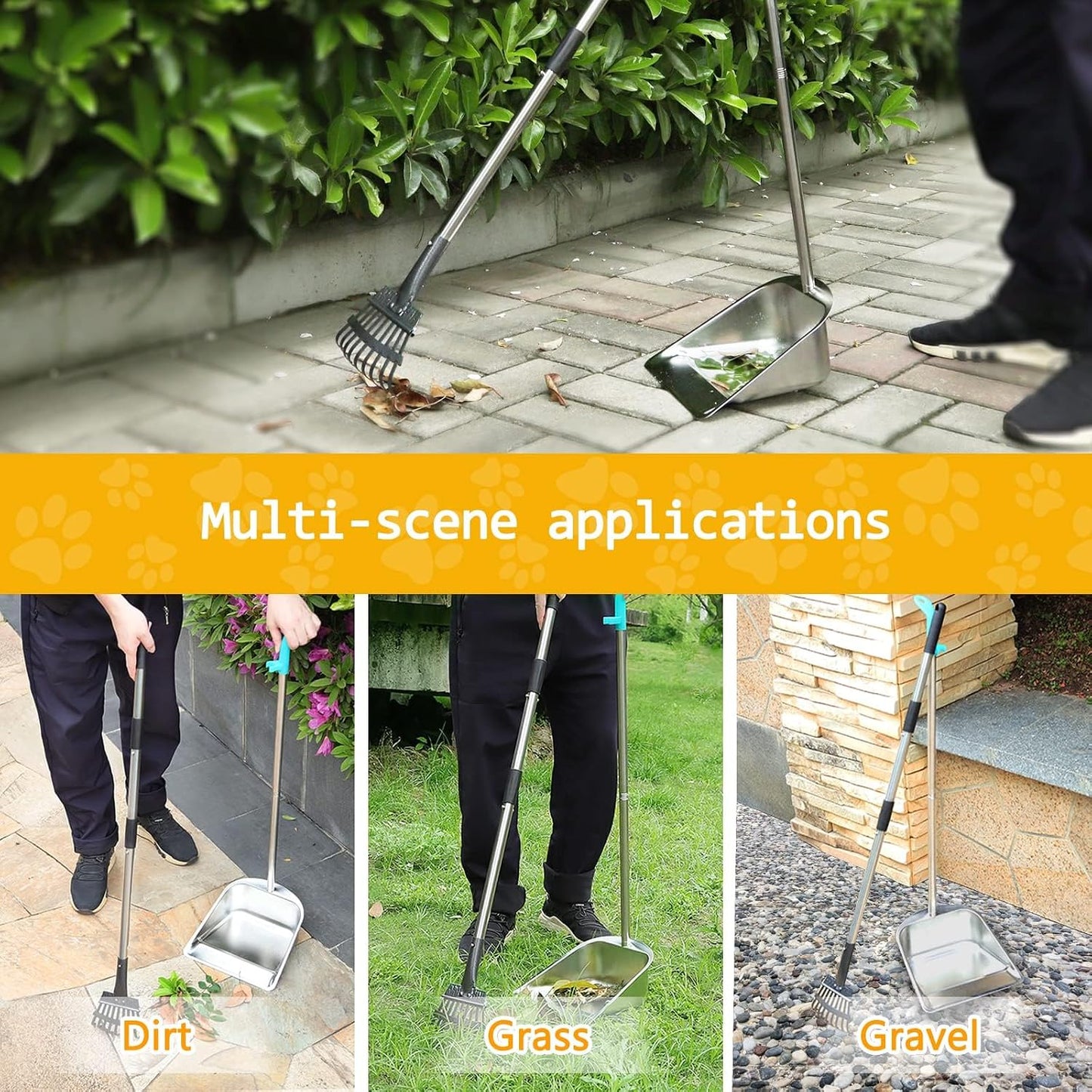 Ergonomic yard cleanup kit setup showcasing the premium weather resistant finish on the tray and rake.