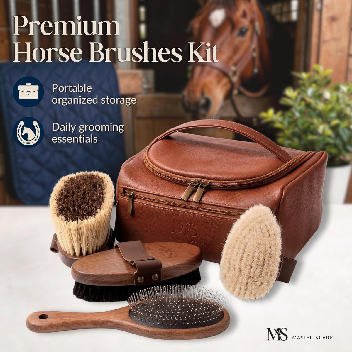 Handcrafted brown leather tote bag filled with premium wooden horse grooming brushes.