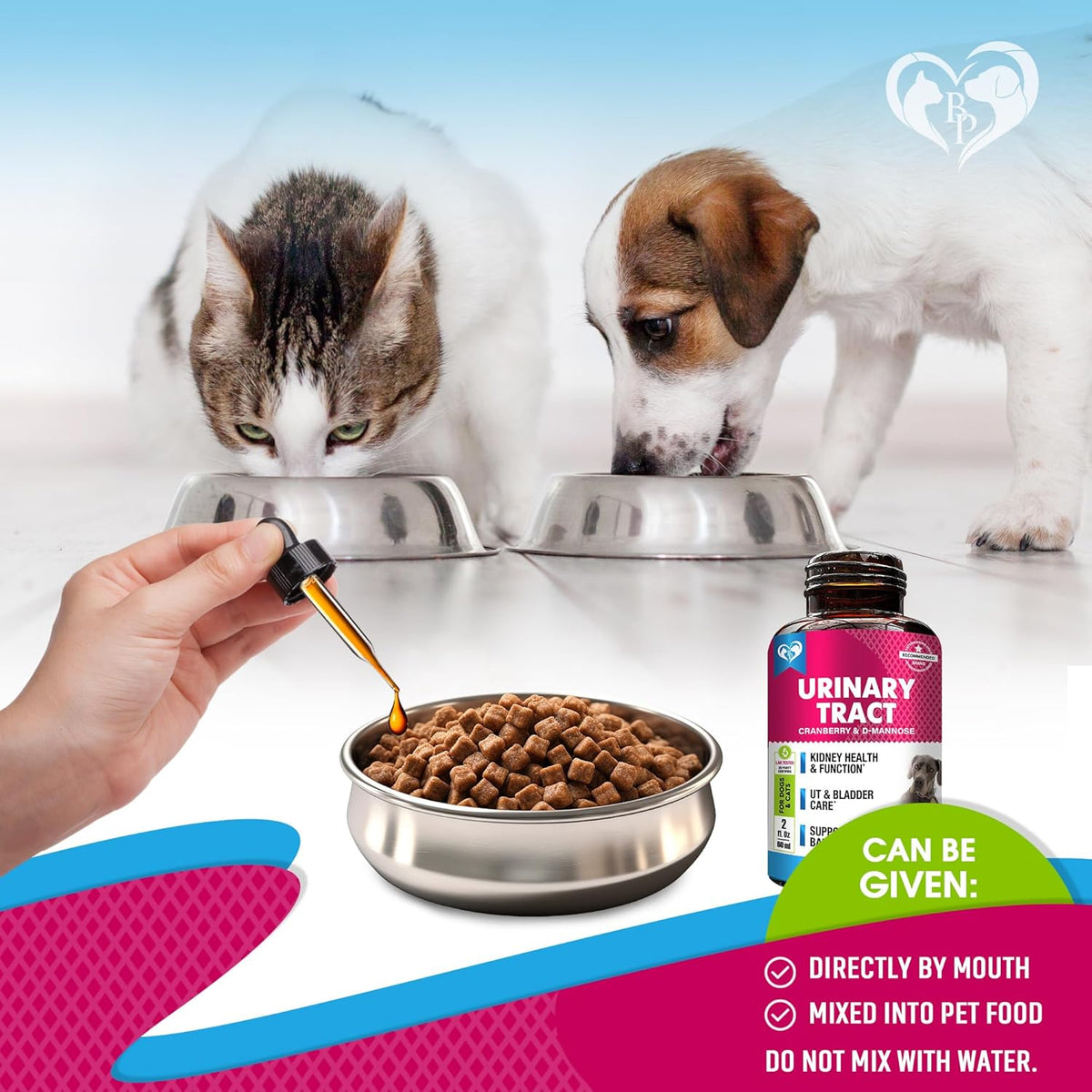 Beloved Pets urinary tract support liquid showing dosage guidelines for dogs and cats