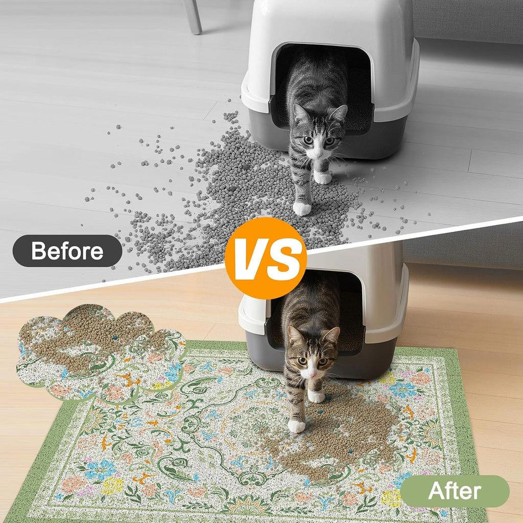 Premium PVC cat food and litter trapping mat in a modern home setting