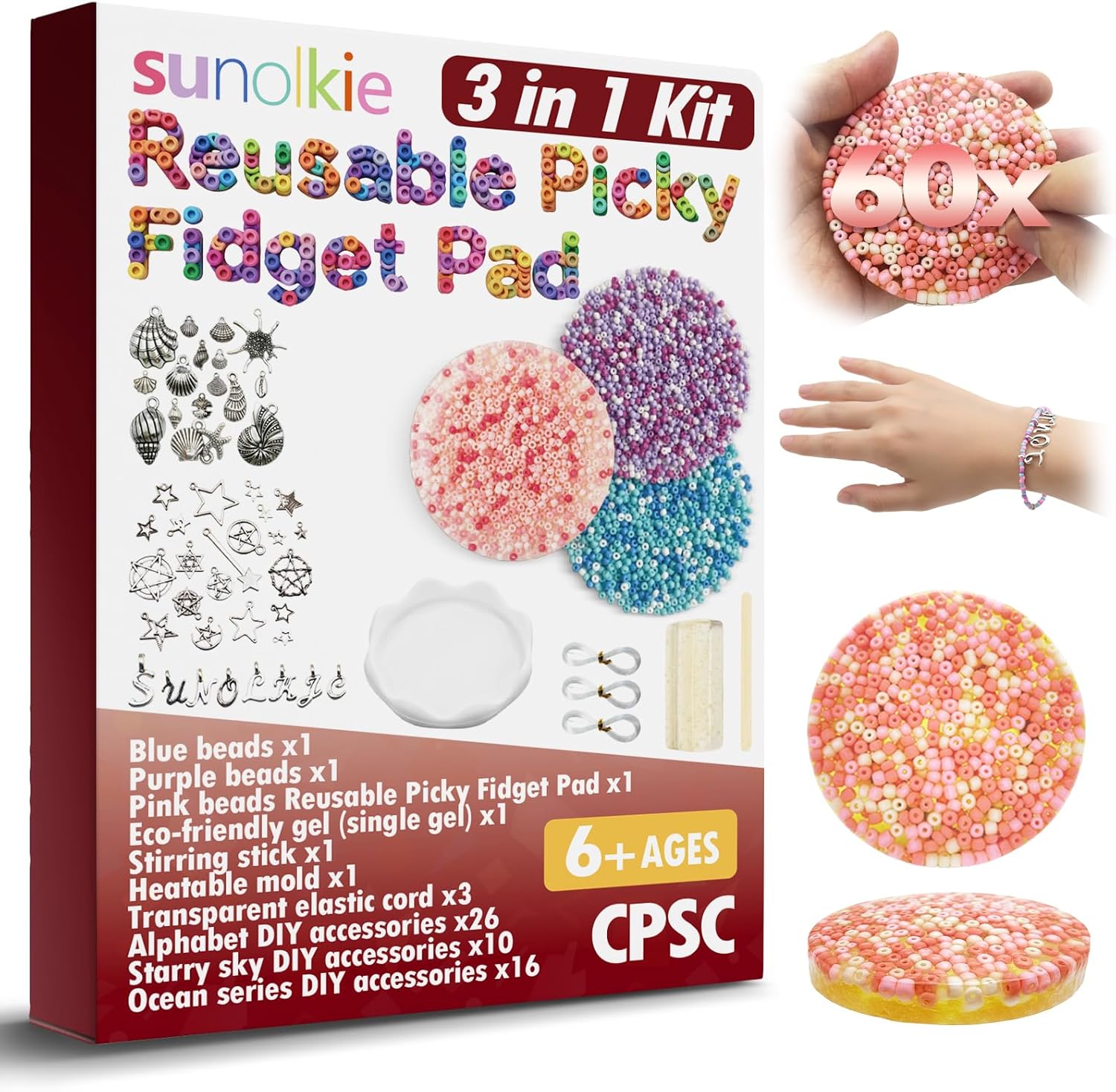 Sunolkie reusable picky fidget pad front view showing colorful embedded beads