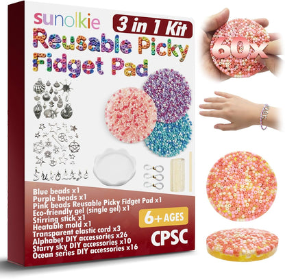 Sunolkie reusable picky fidget pad front view showing colorful embedded beads