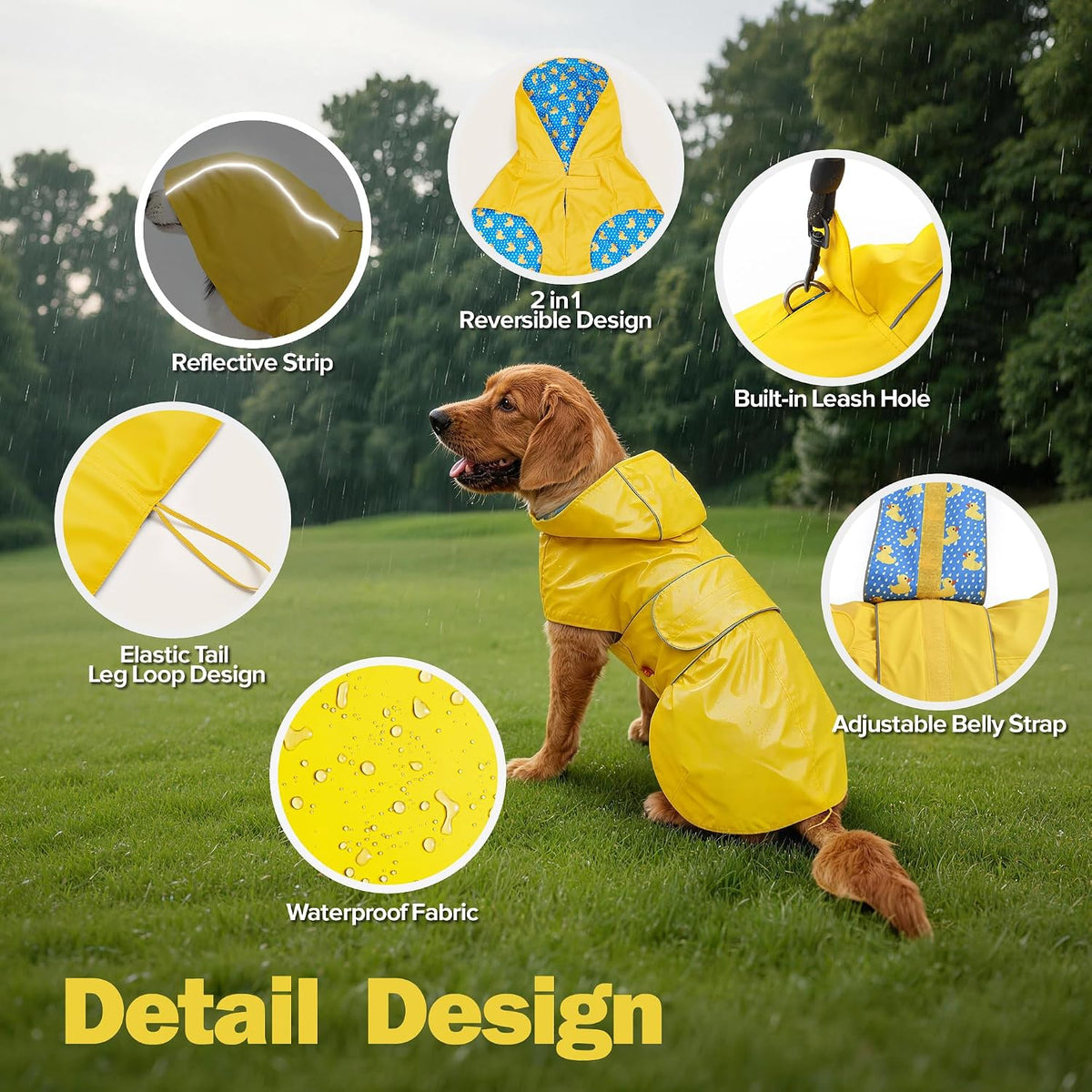 Close-up of the Kimee pet poncho showing the built-in leash hole and reflective safety strip.