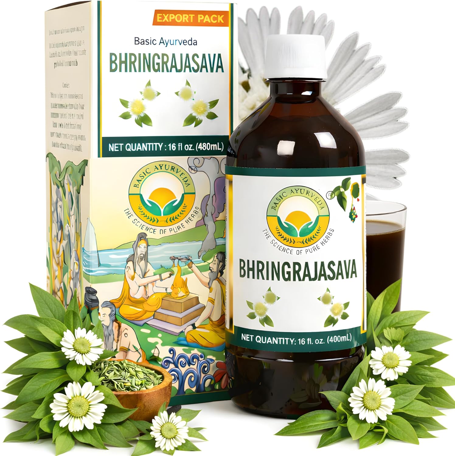 Basic Ayurveda Bhringrajasava 480ml bottle front view for hair growth.