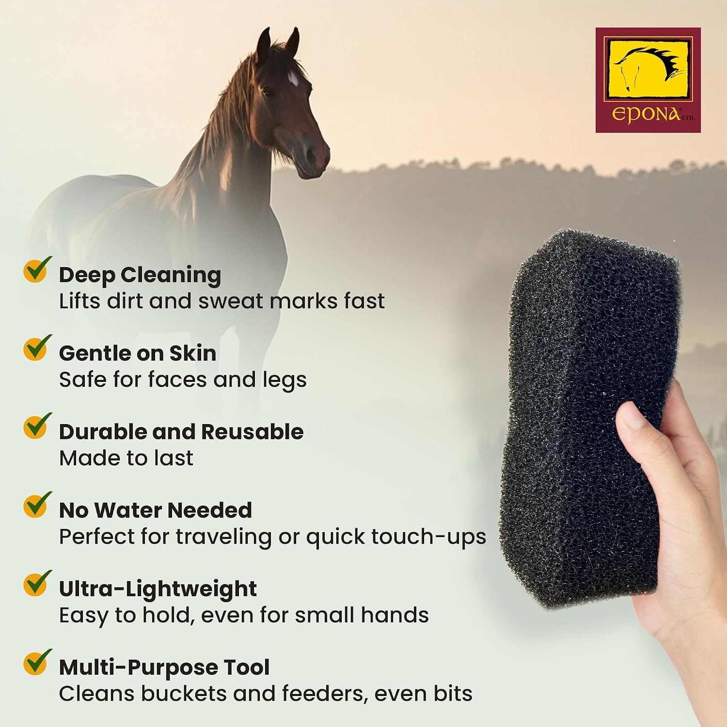 Epona horse grooming scrubber being used dry to clean dried sweat marks from coat.