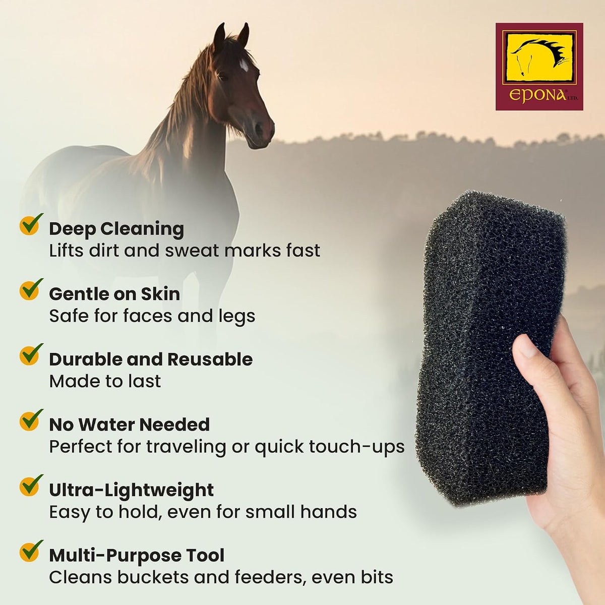Epona horse grooming scrubber being used dry to clean dried sweat marks from coat.