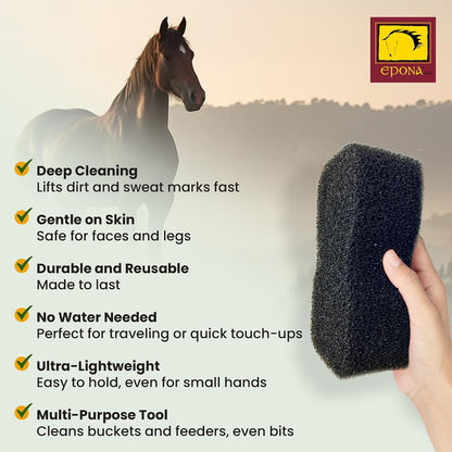 Epona horse grooming scrubber being used dry to clean dried sweat marks from coat.
