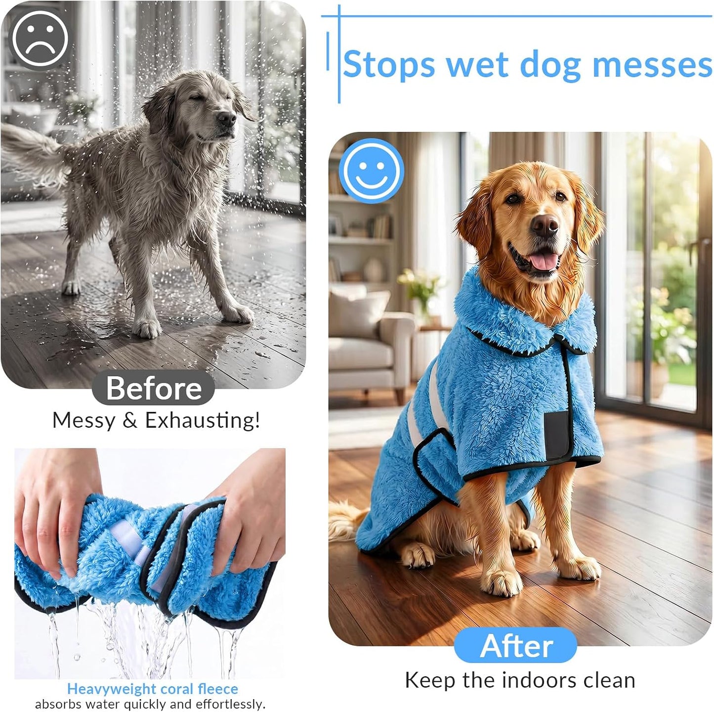 Side view of the Bienbee quick drying pet towel wrap secured around a dog's torso.