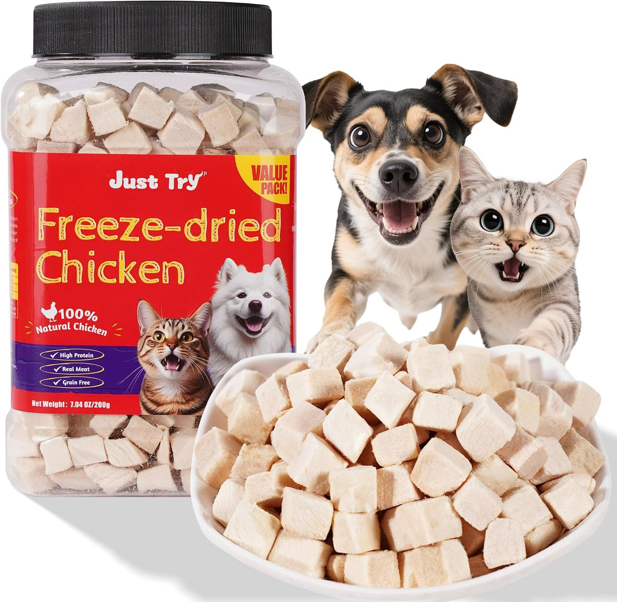 Just Try Freeze Dried Chicken Cat and Dog Treats jar front view