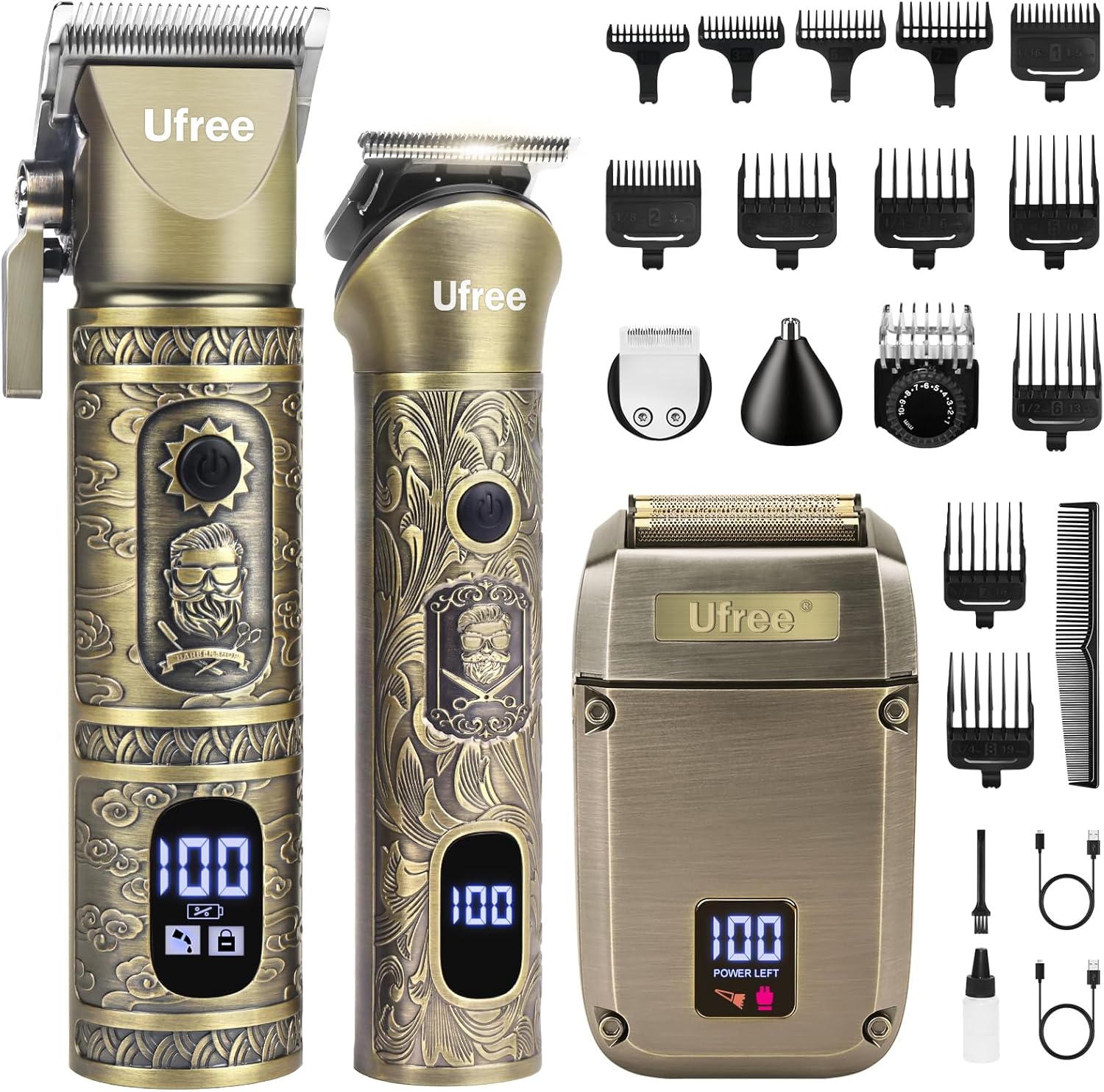 Ufree beard trimmer and hair clippers grooming kit front view showcasing bronze vintage pattern