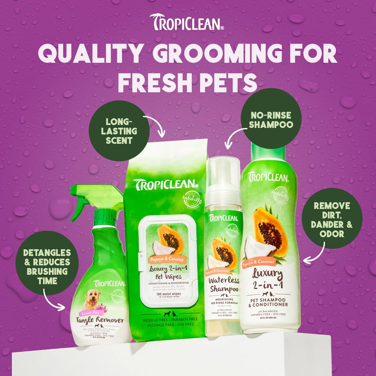 Back view of TropiClean 2-in-1 papaya pet shampoo showing directions and formulation details