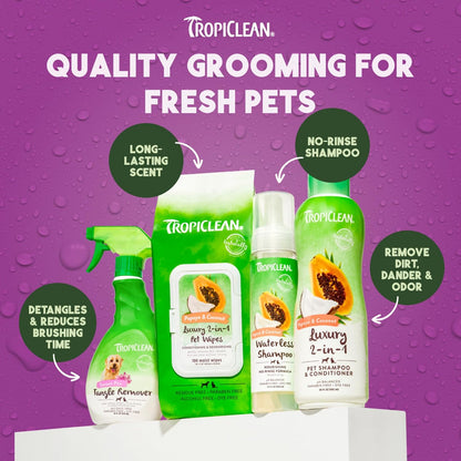 Back view of TropiClean 2-in-1 papaya pet shampoo showing directions and formulation details