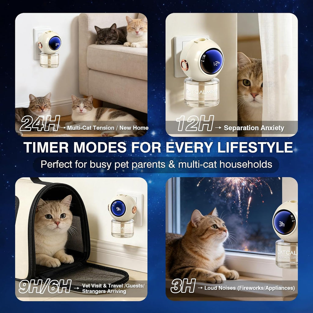 Anxious cat relaxing near a plugged-in pheromone diffuser in a living room setup