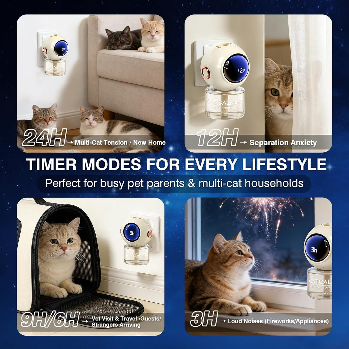 Anxious cat relaxing near a plugged-in pheromone diffuser in a living room setup