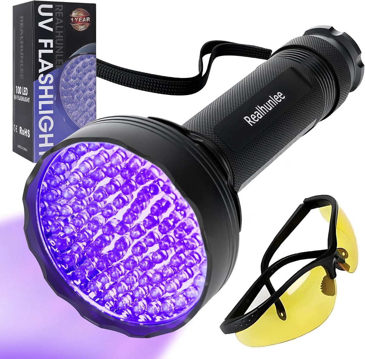 Realhunlee 100 LED UV Flashlight front view showing the light-emitting diode head.