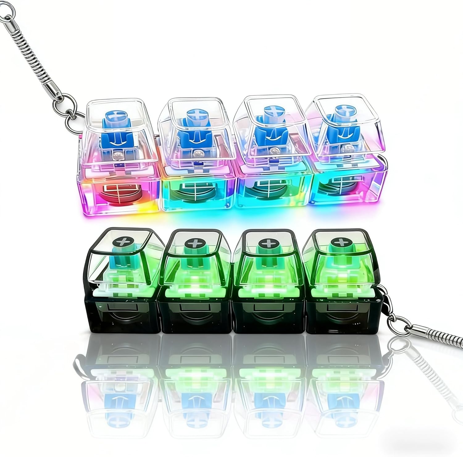 Generic keyboard fidget toy front view showing four black base keys with transparent tops