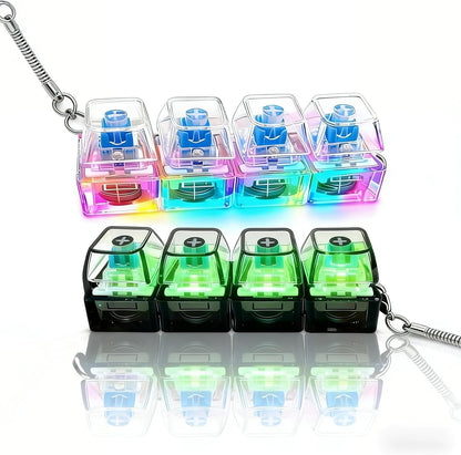 Generic keyboard fidget toy front view showing four black base keys with transparent tops