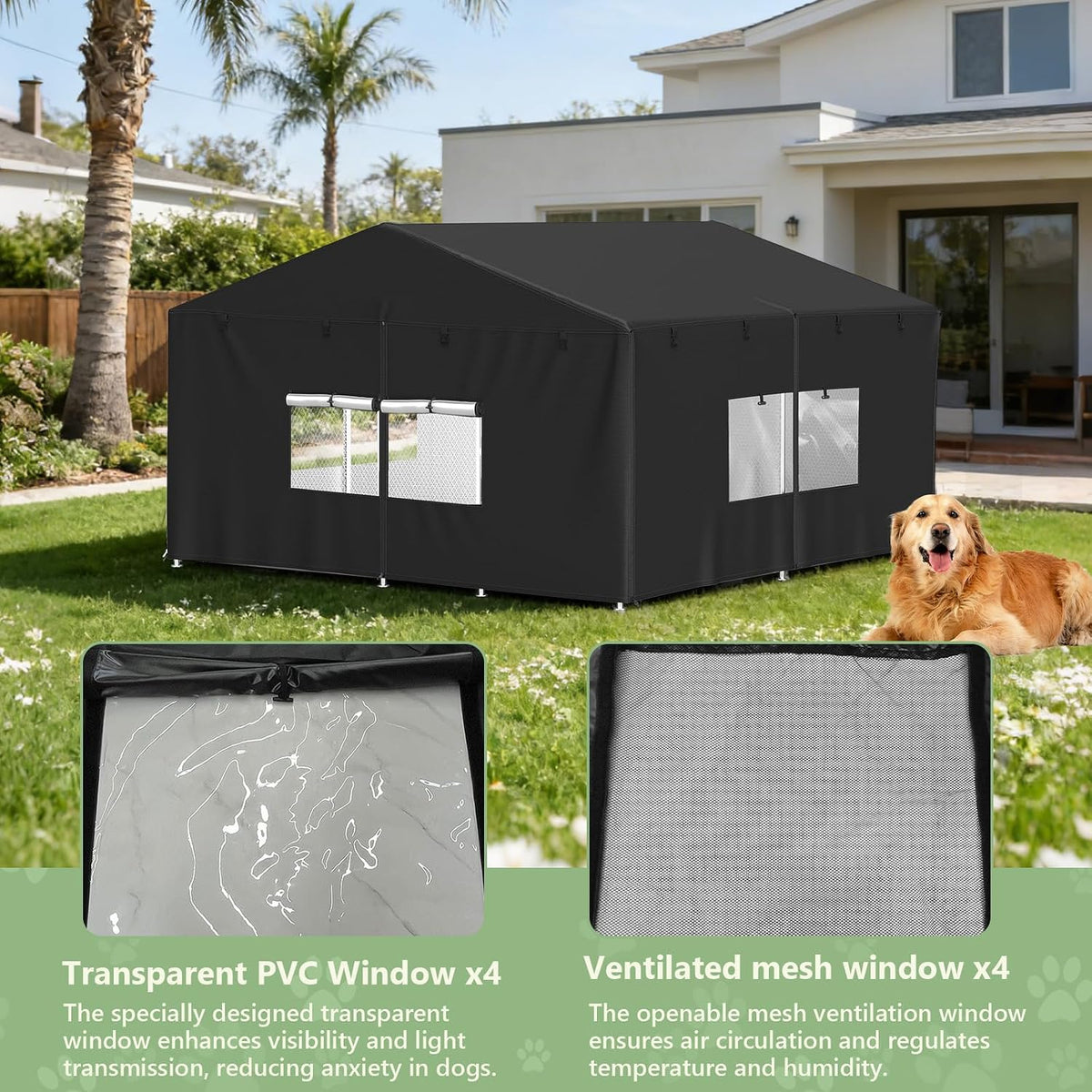 Large outdoor animal enclosure cover with breathable mesh panels rolled up.