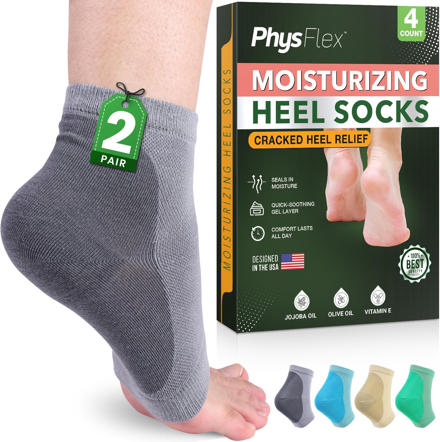 PhysFlex 4 pack of moisturizing gel heel socks for cracked foot treatment