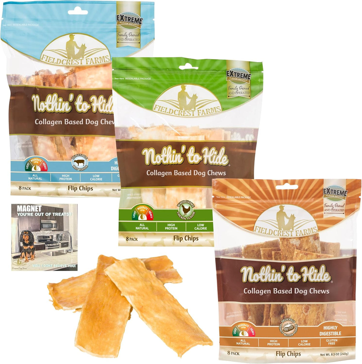 Premium quality imported Fieldcrest Farms dog treats variety pack display
