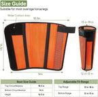 Extra wide adjustable hook and loop straps on orange horse leg boots