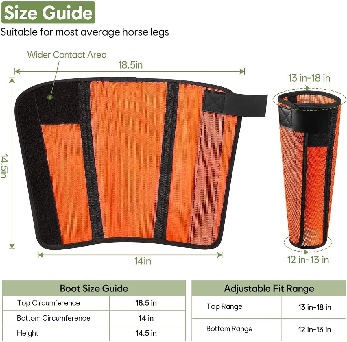 Extra wide adjustable hook and loop straps on orange horse leg boots