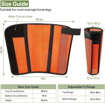 Extra wide adjustable hook and loop straps on orange horse leg boots