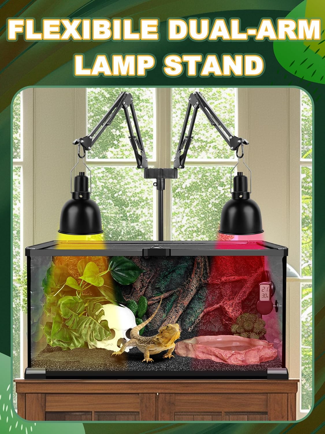 Adjustable heat lamp stand with dual 360 degree swing arms.