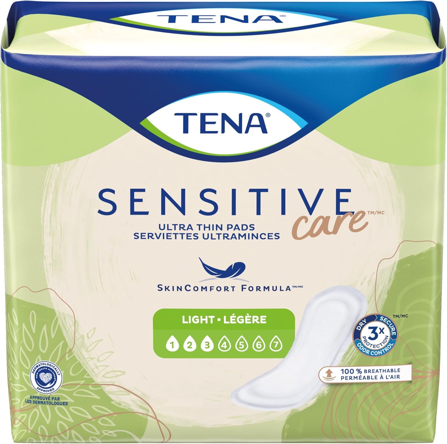 TENA Intimates Ultra Thin Light Bladder Leakage Pad packaging front view for light absorbency.