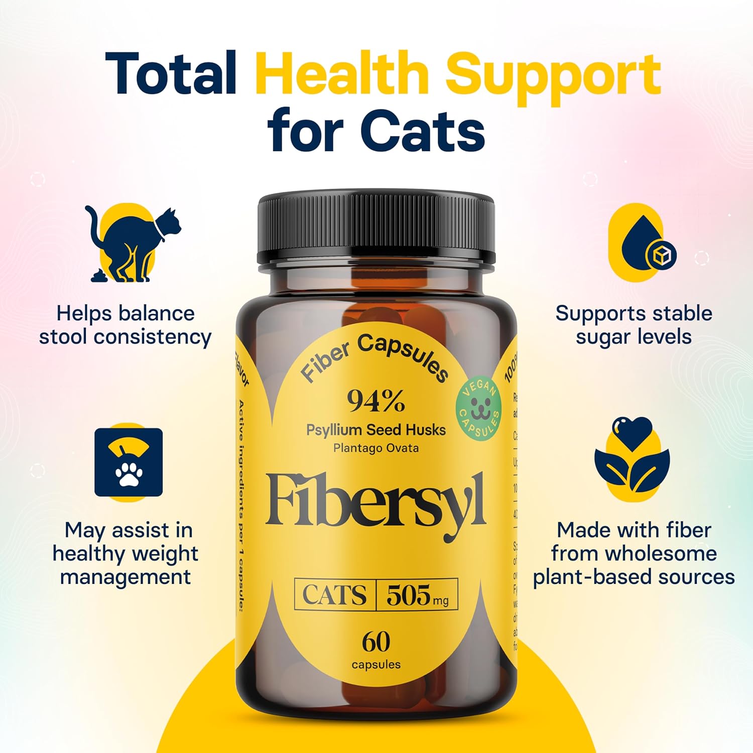 Medsmehappy FiberSyl feline dietary supplement capsules alongside a domestic cat looking healthy and content.