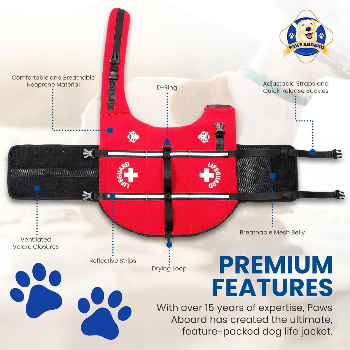 Breathable mesh underbelly and adjustable straps of Paws Aboard life jacket