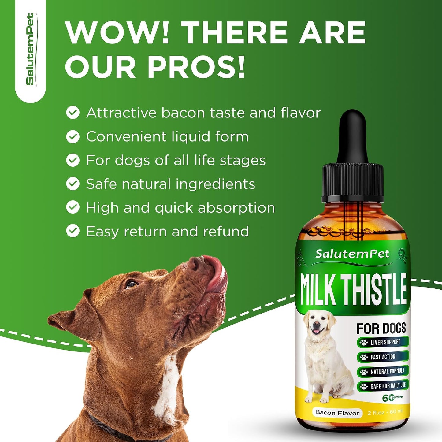 SalutemPet canine liver support drops showing the dropper and bacon flavor label.
