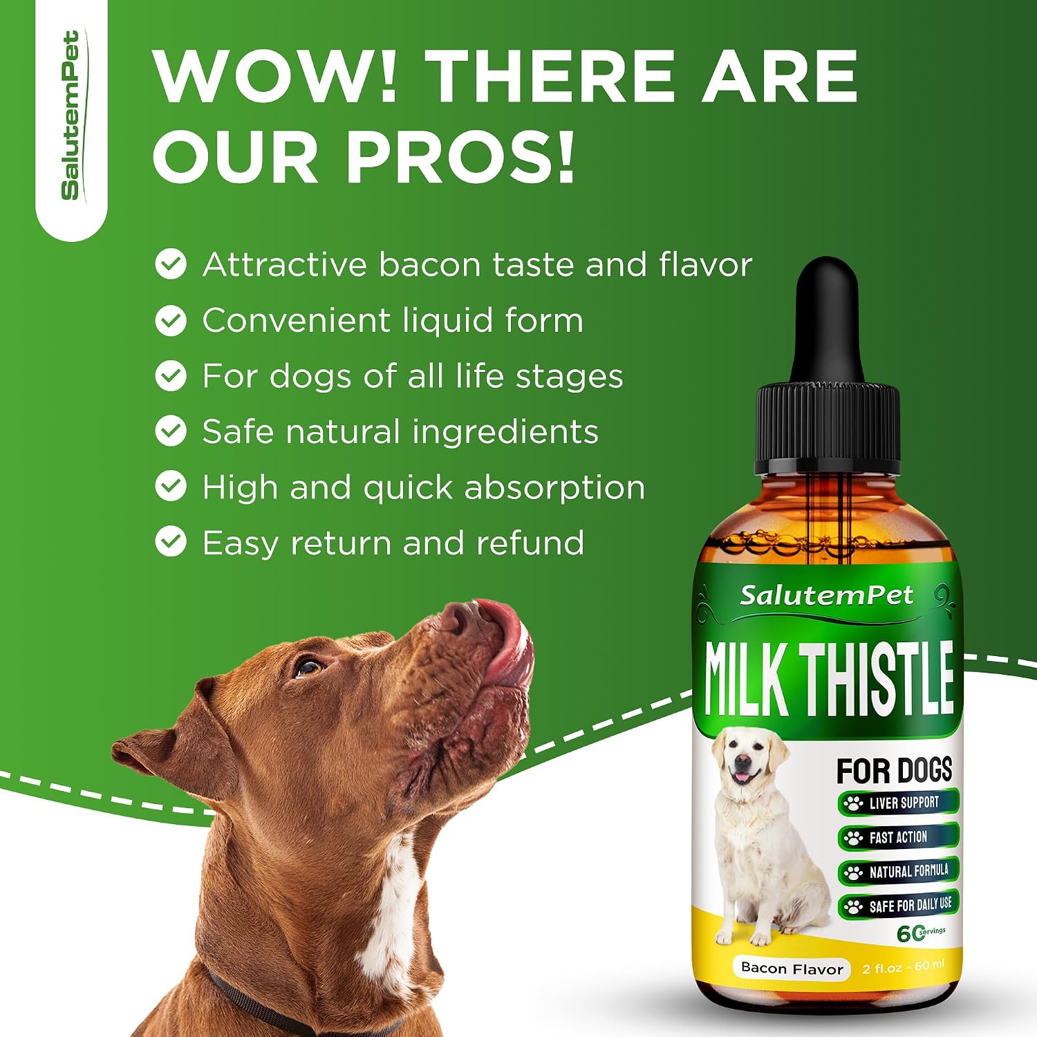 SalutemPet canine liver support drops showing the dropper and bacon flavor label.