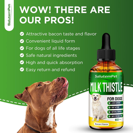 SalutemPet canine liver support drops showing the dropper and bacon flavor label.