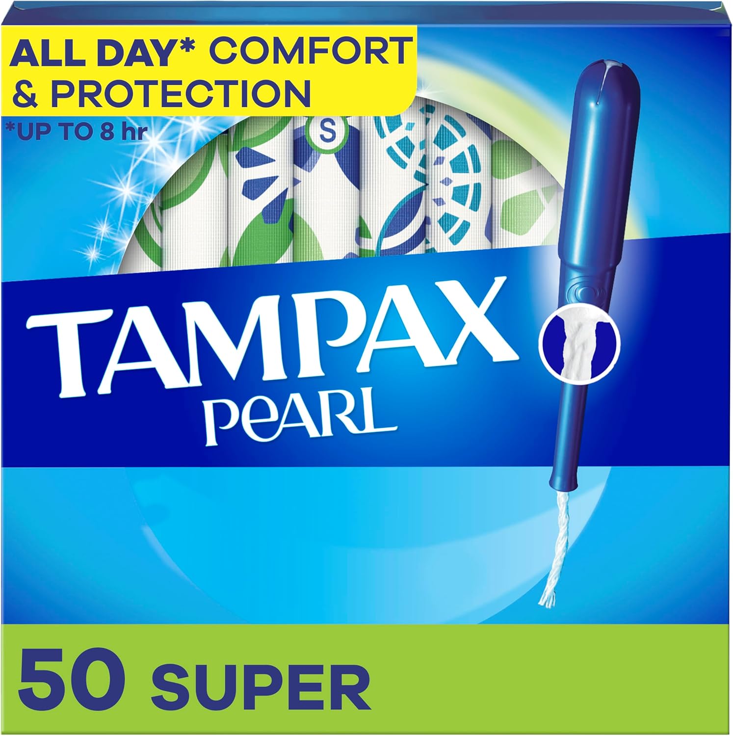 Tampax Pearl Super Absorbency Tampons 50 Count front view box