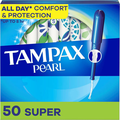 Tampax Pearl Super Absorbency Tampons 50 Count front view box