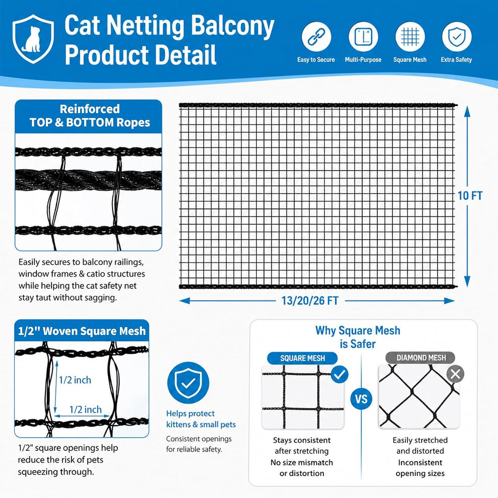 Close up of durable chew resistant cat balcony safety screen