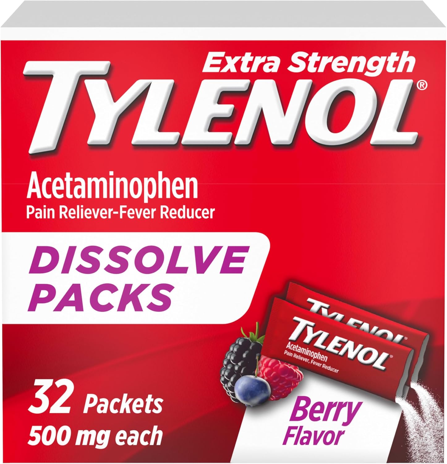 Tylenol Extra Strength Dissolve Powder Packs, 500 mg Acetaminophen Pain Reliever & Fever Reducer Medicine, Fast Relief for Minor Aches & Pains, Ibuprofen- & Aspirin-Free, On-the-Go Berry Flavor, 32 Ct - Image 1